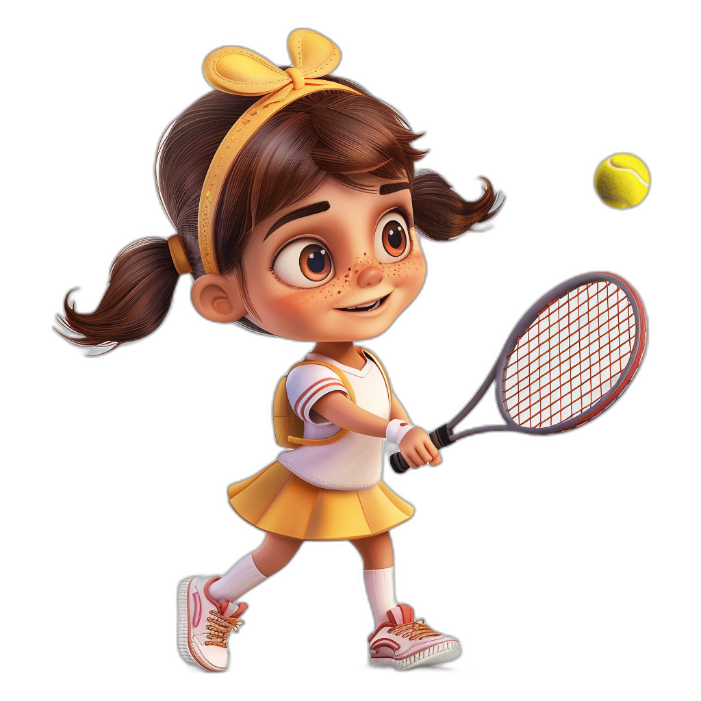 A cute girl playing tennis, a yellow and white skirt, a headband on her hair, brown eyes, in the style of Pixar, full body, black background, rendered in the Pixar style.