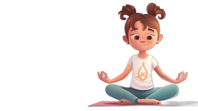 A cute little girl is sitting in the lotus position and meditating, wearing yoga pants with an orange logo on her chest and a white t-shirt. She has brown hair tied into two pigtails. The background of black color should be used to create contrast. A Pixar style cartoon illustration of the full body portrait.