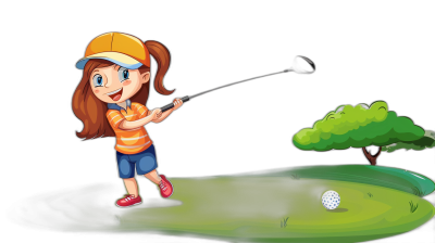 A cute little girl playing golf in a vector cartoon illustration with a black background.