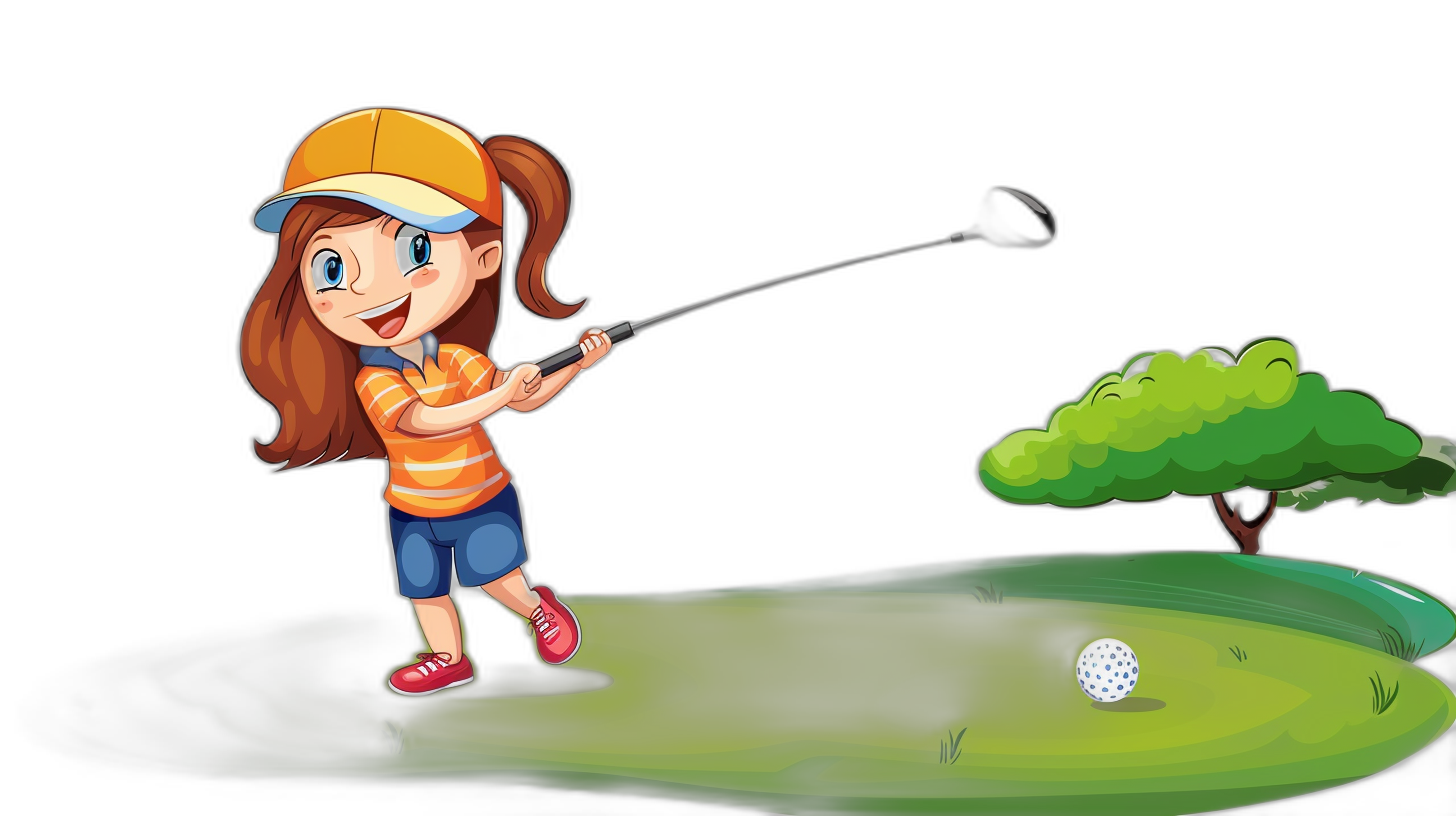 A cute little girl playing golf in a vector cartoon illustration with a black background.