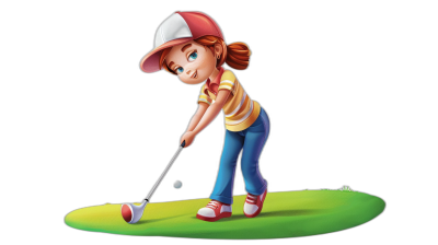 A young girl playing golf, cartoon style illustration with black background. She is wearing blue jeans and red shoes, has short brown hair tied back in pigtails, wears yellow striped shirt, white cap on head and hitting ball towards green tee, side view. Pixar Style Illustration.