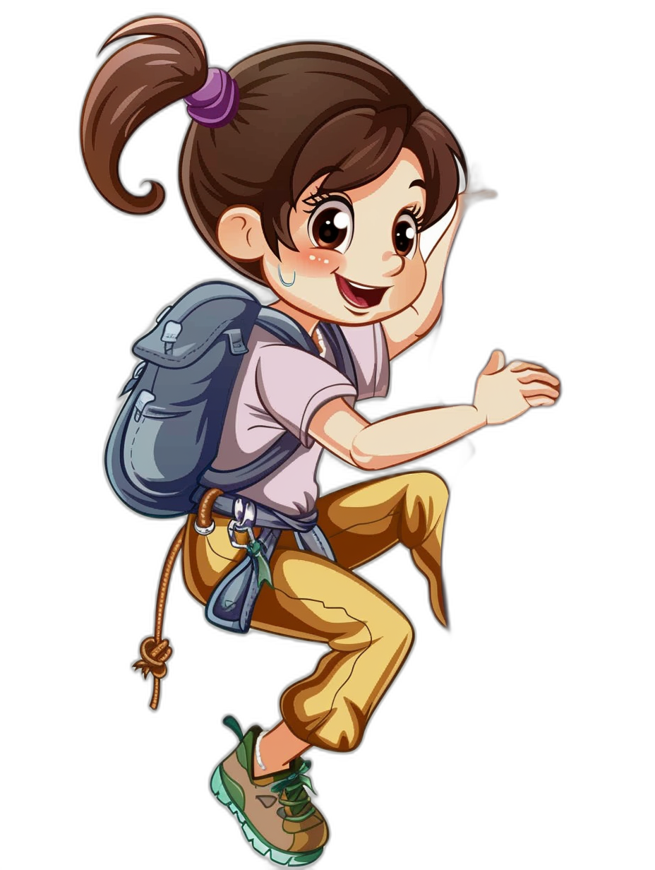 cartoon character of an adventurous girl with brown hair in pigtails, wearing hiking pants and shirt, carrying a backpack while running on all fours against an isolated black background in the style of chibi anime