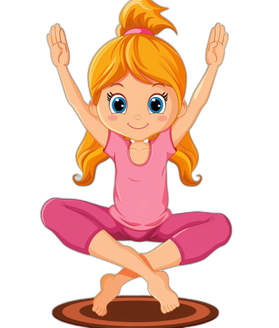 cartoon of little girl doing yoga, in a clip art style, isolated against a black background