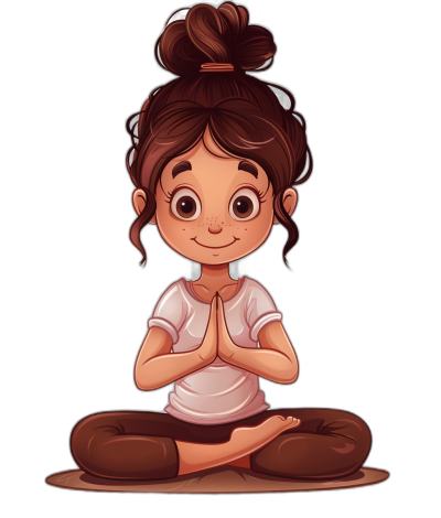 A cute cartoon girl doing yoga, vector illustration with a black background. She has brown hair in an updo and is wearing dark pants and a white tshirt. Her hands are clasped together as she sits crosslegged on the floor meditating. The style of her face should be rounder with big eyes to give it more character. It's in a fullbody view and there should not be any shadows or highlights.