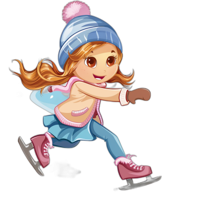 A cute little girl ice skating, clip art style cartoon with color and shading on black background