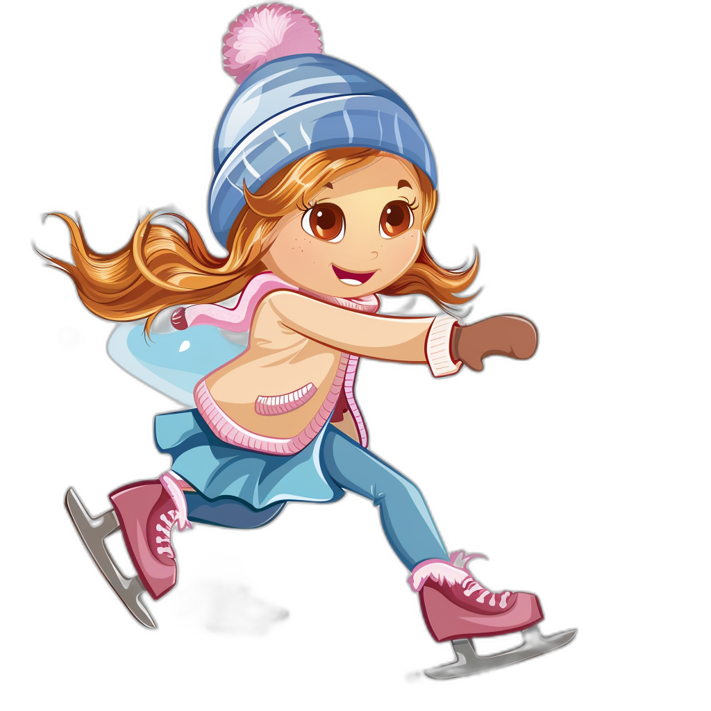 A cute little girl ice skating, clip art style cartoon with color and shading on black background