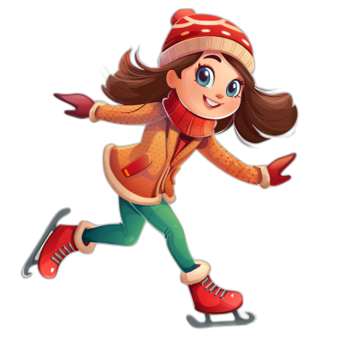 A cartoon girl ice skating, wearing winter  and gloves on her hands. She has brown hair with bangs and blue eyes. She wears red skates, an orange jacket, green pants and a hat. Isolated black background. Vector illustration. Cartoon character design. Full body portrait. Flat vector illustrations. Pixar style. In the style of [Goro Fujita](https://goo.gl/search?artist%20Goro%20Fujita).