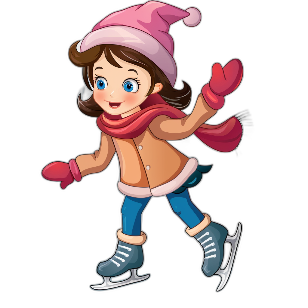 Cute cartoon girl ice skating in the style of clip art style isolated on black background with no shadow, high resolution photo, high quality photography with studio lighting