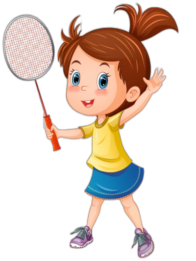 Cute girl playing badminton in the style of clip art with a black background