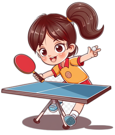 A cute girl playing table tennis in the style of cartoon, clip art sticker design graphic design on black background