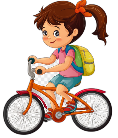 A cute cartoon girl riding an orange bike with a school bag on her back, in the clip art style, a simple flat illustration on a black background with a colorful color palette. It is a vector sticker design with high contrast colors using vector graphics and flat shading. The vector illustration is high resolution, high detail, high quality and high definition.