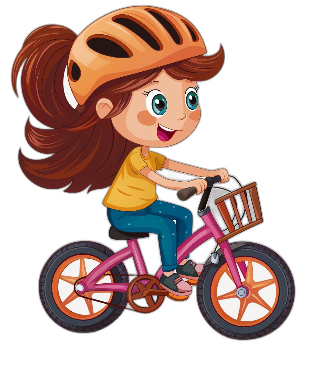 A cute cartoon girl is riding her bike with her helmet on in the style of clip art, isolated against a black background.