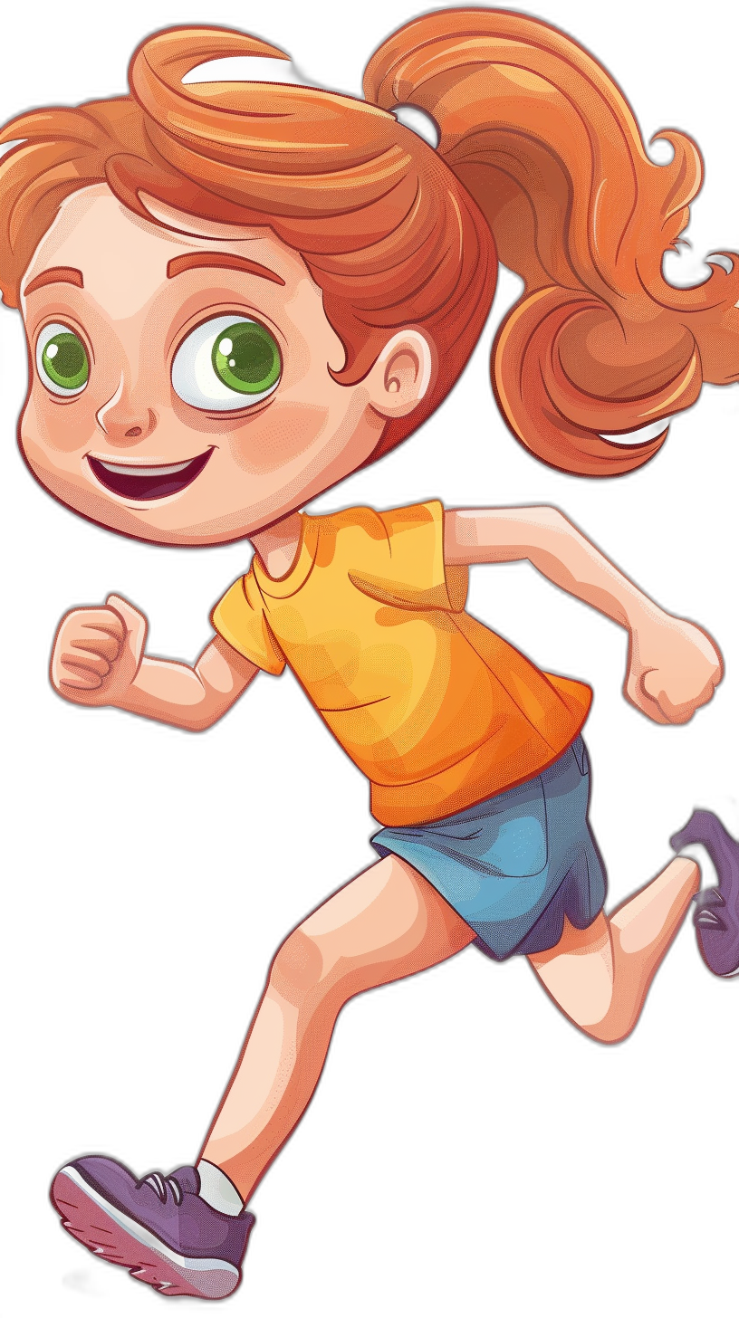 5 year old girl, red hair in ponytail with bangs, green eyes, smiling and running wearing orange tshirt blue shorts purple shoes cartoon style vector art black background