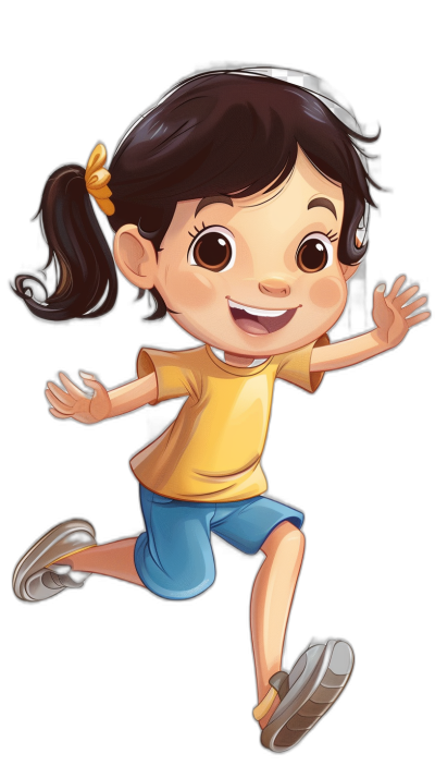 Cute cartoon girl running, smiling happily with one hand raised to the side and other hands on her hips. She has dark brown hair in pigtails, wearing blue shorts over yellow t-shirt, white sneakers. Black background. Pixar style.