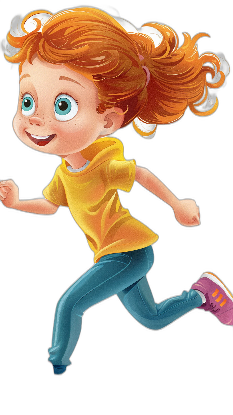 A little girl with red hair, wearing blue pants and yellow t-shirt is running fast in the air, smiling in the style of cartoon style, in the style of Disney Pixar animation character design, full body shot, black background, high resolution, high details, high quality, high sharpness, digital art, digital illustration, digital painting, high contrast, vibrant colors, bright lighting, colorful, lively color palette, natural light, soft shadows, no lowlight, no grainy textures, no low angle camera, no blurry focus