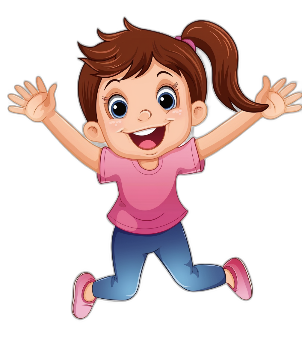 A cute happy cartoon girl with brown hair in pigtails jumping for joy, wearing a pink shirt and blue jeans on a black background, in the clip art style, vector graphics.