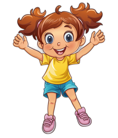 A cute little girl cartoon character is jumping with her hands in the air in the style of clip art on a black background.