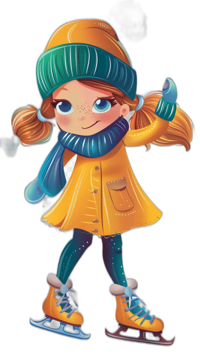 A cute little girl is ice skating, wearing orange coat and blue scarf with black background, simple illustration style, flat color blocks, simple details, yellow hair with two pigtails, dark green hat, happy expression, full body portrait, cartoon character design style, vector illustrations, 2D game art, high resolution, high quality, high detail, high definition, bright colors, cartoon characters. She's wearing skates on her feet, waving at the camera happily, with both hands hanging down from behind her head.