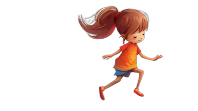 A little girl is running, shown in a full body shot from the side view. The simple flat illustration style has a black background and cartoon character design. She has long brown hair in pigtails, wearing an orange t-shirt, blue shorts, and red shoes with a happy expression. Bright colors and soft lighting are used. The perspective of the illustration was taken from her right rear angle. The style is in the style of .