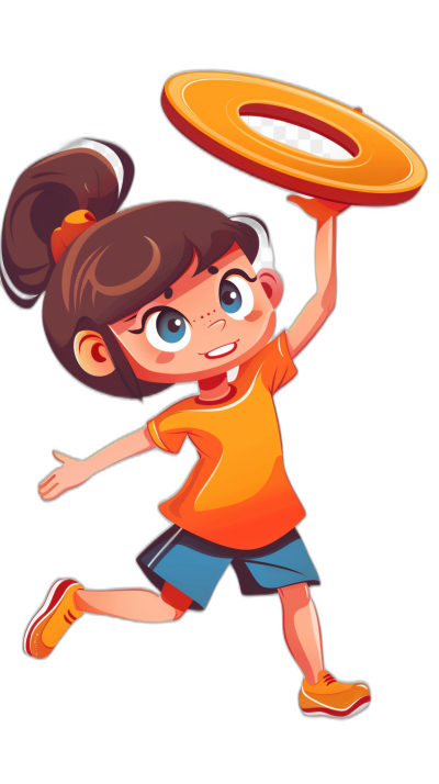 A cartoon girl is playing frisbee in a simple drawing style with a solid black background on a cartoon character design sheet. She has brown hair in pigtails and blue eyes with big eyelashes. The little boy wears an orange t-shirt, dark shorts and red shoes. He holds the Frisbees high above his head ready to throw them into play in the style of the character design sheet.