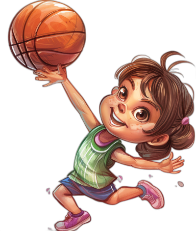 cartoon illustration of a cute little girl playing basketball, vector art, black background, high resolution, high detail, high quality, high sharpness, high definition, high dynamic range, high resolution, high octane rendering, high angle view, high key lighting, high contrast. The illustration is in the style of a vector art.