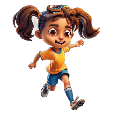 A cute little girl playing soccer in the style of Pixar's character design, running pose, wearing blue shorts and a yellow t-shirt with a white headband, brown hair in pigtails, big eyes, smiling face expression, cartoon character concept art, full body view, black background, 3D render.