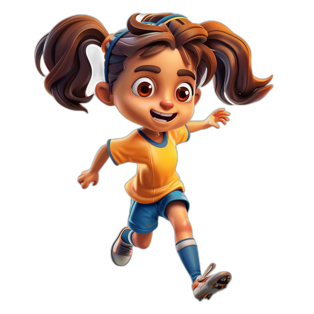 A cute little girl playing soccer in the style of Pixar’s character design, running pose, wearing blue shorts and a yellow t-shirt with a white headband, brown hair in pigtails, big eyes, smiling face expression, cartoon character concept art, full body view, black background, 3D render.