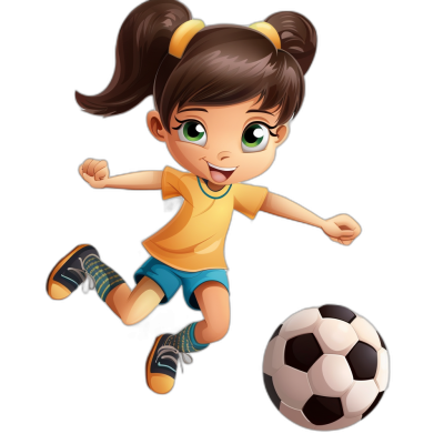 cartoon style, vector design of cute girl playing soccer on black background, wearing yellow t-shirt and blue shorts with green eyes and brown hair in pigtails , jumping for the ball, 2d game art, high resolution, lively facial expressions