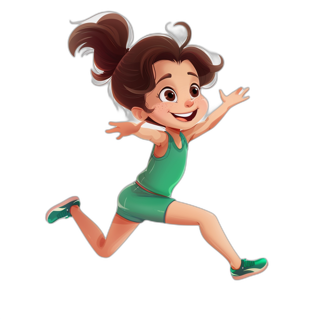 A cute girl cartoon avatar is depicted in a running pose, wearing green sportswear and smiling happily with brown hair tied into pigtails, jumping up against a black background. The illustration is created using digital art techniques to capture the vibrant colors of her outfit and create an adorable character design, in the style of the original artist.