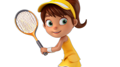 A cute little girl in a yellow tennis outfit, holding her racket ready to hit the ball, with big green eyes and brown hair in a ponytail, wearing a white headband, in the style of Pixar as a cartoon character on a black background, as a 3D rendering.