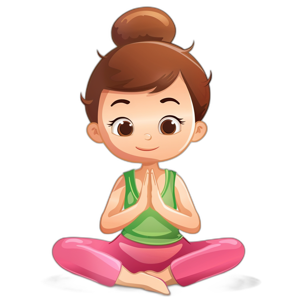 A cute cartoon girl doing yoga in the style of clip art, simple drawing with black background, wearing pink leggings and a green tank top, brown hair in a bun, hands folded at the chest in a prayer pose, big eyes, smiling face expression, simple, low detail.