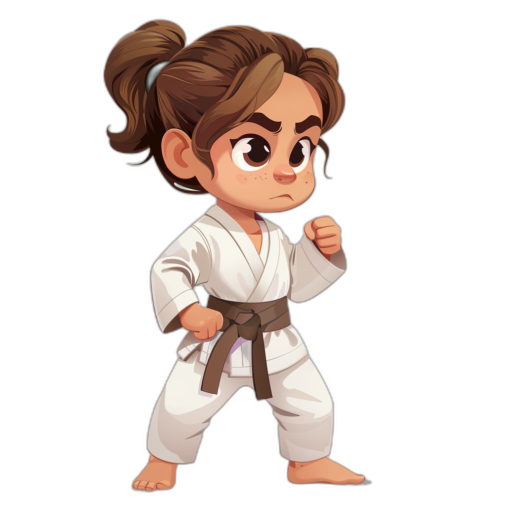 cartoon girl with brown hair in a ponytail wearing a white karate gi, doing a ready pose for a fight, black background, in the style of chibi.