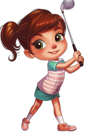 A cute little girl playing golf in the style of Disney, with a cartoon character design on a black background, wearing pink shoes and a white striped shirt, holding a club in her hand while hitting the ball, with green eyes, brown hair tied into a ponytail, and a happy expression. The colorful and detailed illustration captures the playful essence of children's book illustrations.