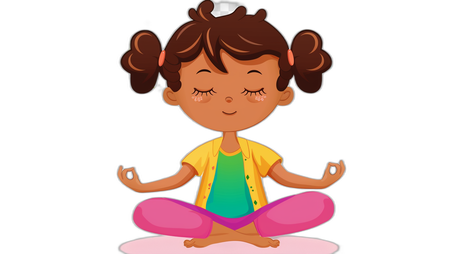 Cute cartoon girl meditating, vector illustration for a kids book on a black background, simple and minimalistic style, high resolution, professional photograph, very detailed, high quality photo, sharp focus, in the style of hyperrealism. The little cute dark skinned African American Girl is sitting cross-legged in the lotus position with closed eyes and smiling. She has a two buns hairstyle wearing colorful . Full body portrait. Isolated object on a white background. Isolated black background. Vector art design.