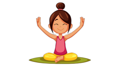 cartoon smiling girl doing yoga, vector illustration on black background, flat design, minimalism, simple shapes, simple colors, 2d, vector style, simple shading, no details, high resolution, high quality, high definition. The image is in the style of a minimalist vector illustration with simple shapes, colors and shading on a black background.