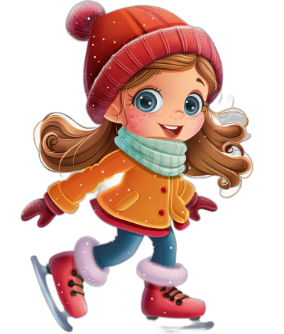 A cute girl ice skating in the style of clip art, in the style of cartoon illustration, vibrant colors, winter  and hat, black background.