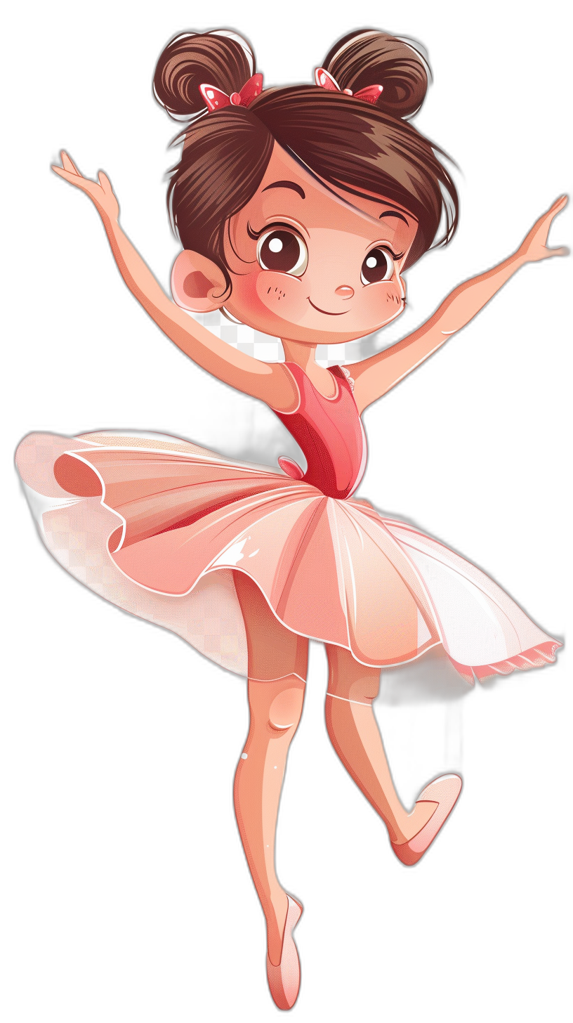 A cute little girl ballerina in pink and red, in the style of Disney with a simple cartoon character design with simple lines and black background. She is wearing a short tutu skirt and has brown hair in pigtails. Her eyes have large anime-style chibi pupils and she smiles brightly while gracefully dancing on her toes. The illustration exudes energy and charm, capturing the essence of classic animation.