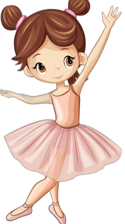 Cartoon of a cute little girl ballet dancer, with brown hair in pigtails wearing a pink tutu and pointe shoes, in the style of clip art, isolated on a black background, high quality vector graphics