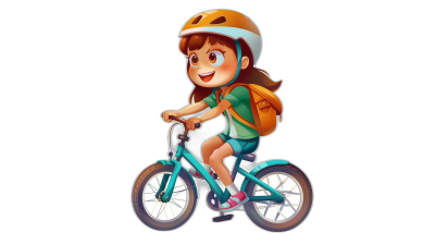 A girl is riding her bike in a cartoon style with a character design and a black background. She has a cute and happy expression, wearing a helmet and backpack on the back of the bicycle. It is a simple flat illustration showing her full body portrait from a front view angle against a solid color background with high saturation and bright colors. The image is high resolution, high detail, and high quality with some noise.