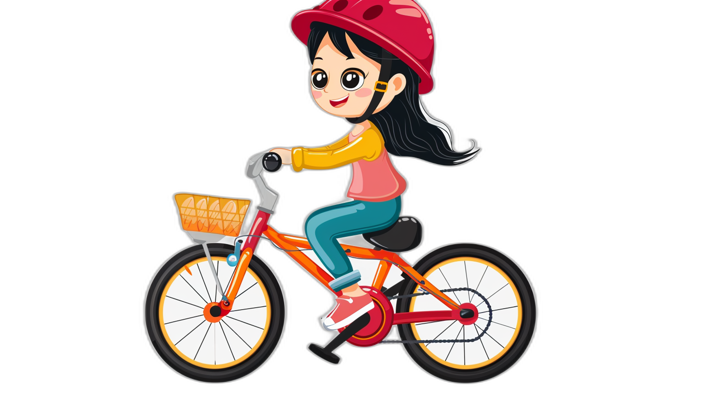 Little girl riding bike cartoon vector with black background, simple and cute style, no shadow on the body, flat illustration of children’s book illustrations, colorful animation stills, cartoon character design. The little Asian schoolgirl is wearing a helmet for protection while cycling, with a happy expression. She has long hair tied in a ponytail behind her head, in  designed in the style of Christian Dior.