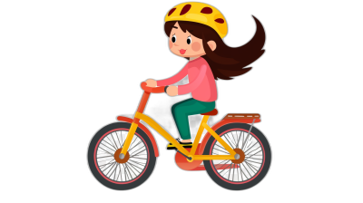 Cute girl riding bicycle, simple flat vector style illustration with black background, cute character design, colorful animation stills, full body shot, children's book illustrations, cute cartoon designs, yellow and red color scheme, cartoon-like characters, simple facial expressions, simple eyes details, cute helmet, minimalism, full of energy, simple lines. The illustration has a style similar to cartoon designs with simple lines and facial expressions.