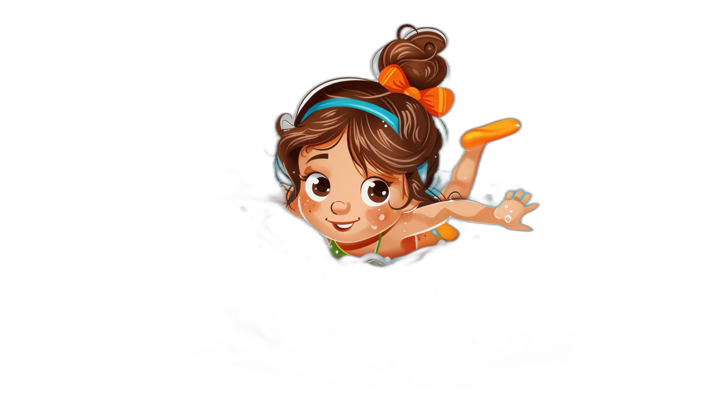 A cute little girl is swimming in the air, simple flat style illustration, solid black background, 2D cartoon characters, cartoon character design, cute and dreamy, Disney Pixar animation style, bright colors, high definition details, octane rendering, art station trend, black background. She has brown hair with an orange bow on her head, wearing green  and blue shoes. The overall color scheme of the picture should be dark, with soft lighting.