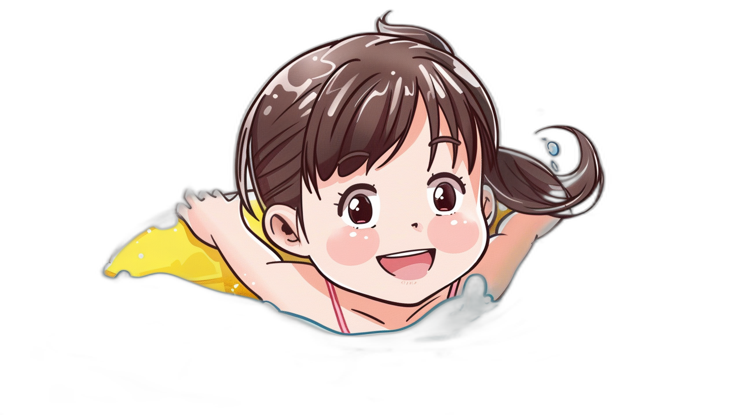 A cute little girl is swimming in the air, smiling happily with her head tilted back and brown hair tied behind her ears. She has big eyes and wears yellow swim  in the style of a cartoon, with a simple black background. The vector illustration is in the style of Japanese manga with high quality, high resolution, and high detail. It has colorful, strong lines in a sticker art design with a flat illustration and black outline.