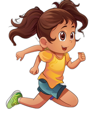 A cute little girl running in a vector cartoon illustration for children's book in the style of Eunice Ye, isolated on a black background in a full body shot.