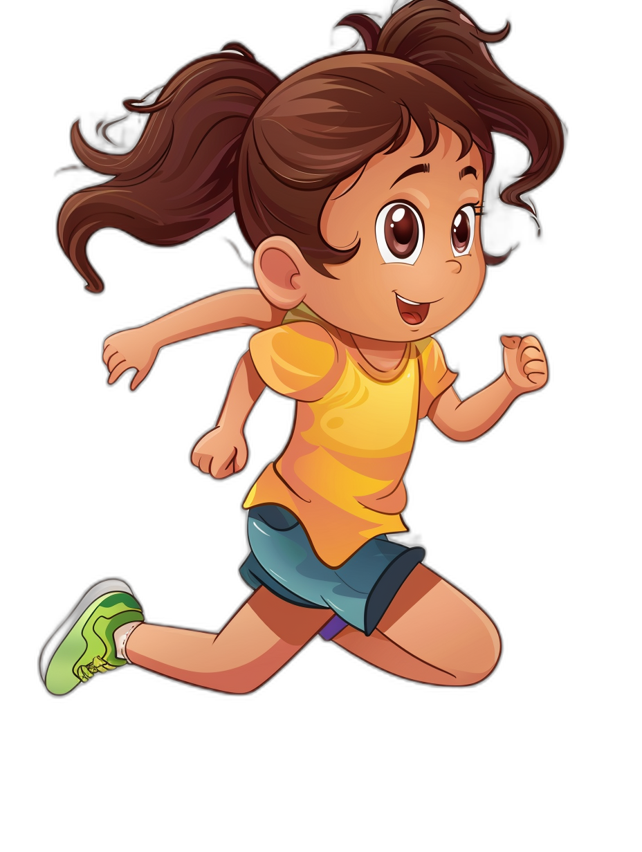A cute little girl running in a vector cartoon illustration for children’s book in the style of Eunice Ye, isolated on a black background in a full body shot.