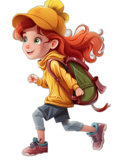 A cute red haired girl, wearing a yellow cap and sporty  with a backpack, is running in the style of a children's book illustration, in the style of a character design sheet, in the Disney Pixar cartoonist animation style, on a black background, character concept art.