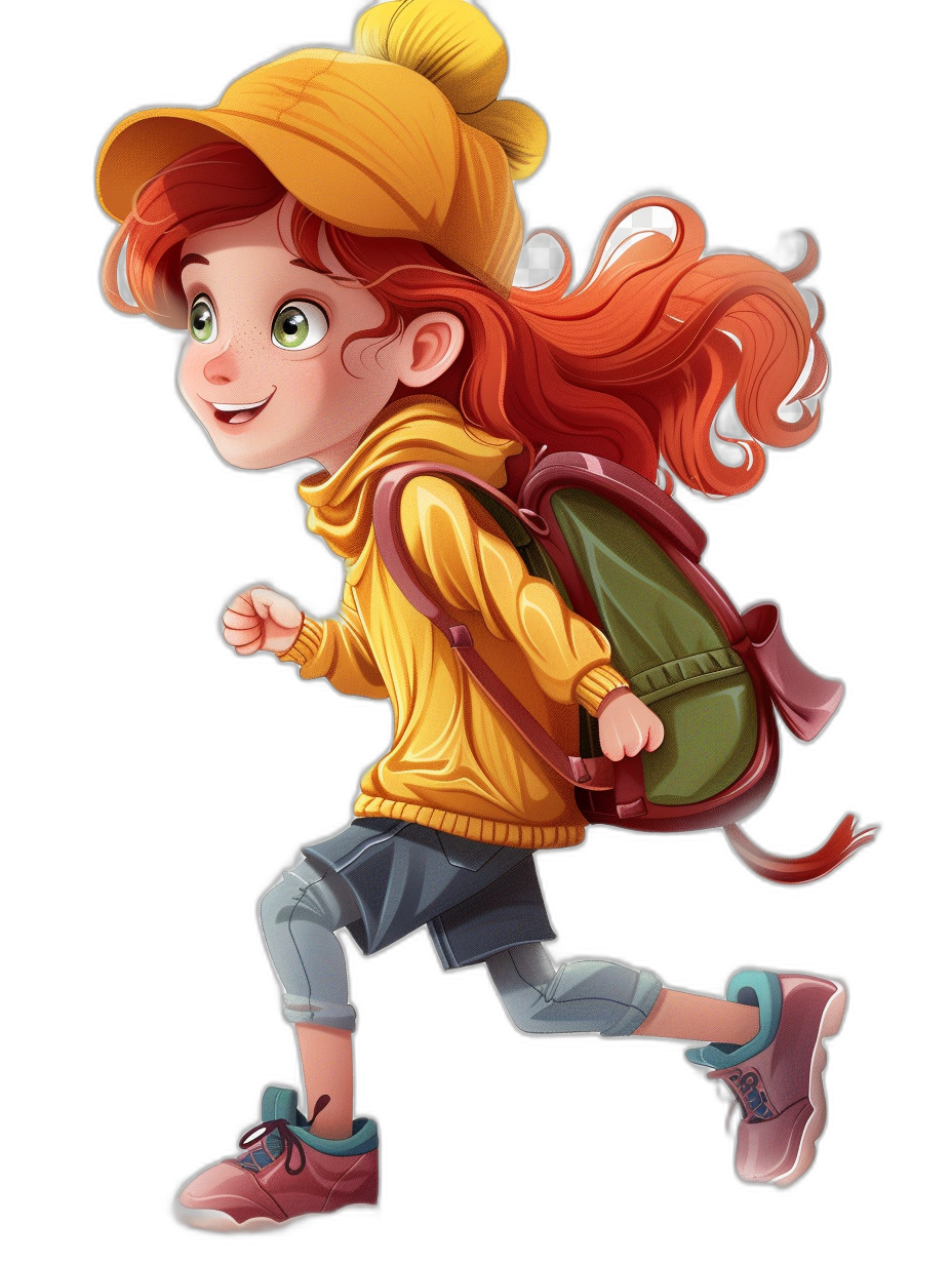 A cute red haired girl, wearing a yellow cap and sporty  with a backpack, is running in the style of a children’s book illustration, in the style of a character design sheet, in the Disney Pixar cartoonist animation style, on a black background, character concept art.