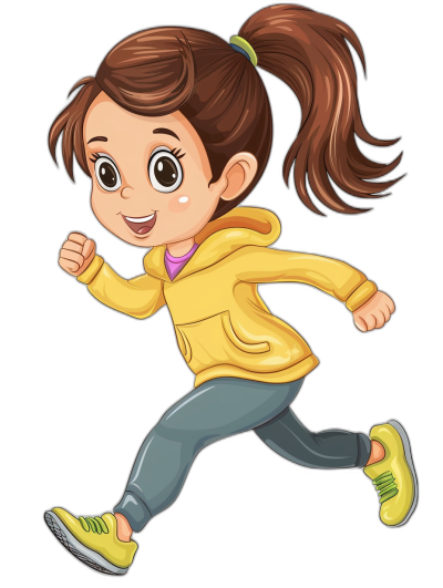 A cute cartoon girl in a yellow hoodie and grey leggings, running with her brown hair in a ponytail, in the style of clip art, on a black background.