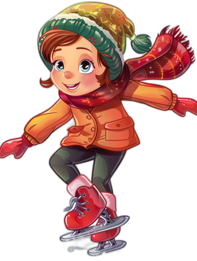 A cartoon girl skating on ice, wearing gloves and scarves, with bright colors of red scarf green hat orange jacket black background, cute style, happy expression, full body portrait, cartoon illustration, simple lines, high-definition details, and black solid color space for the design behind her,,in