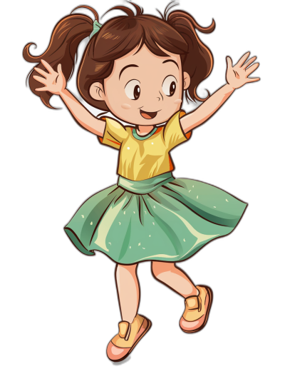 A cute little girl wearing a skirt is jumping up with a happy expression in a simple vector illustration with a black background and flat design style. She has brown hair in pigtails and wears a yellow short-sleeved t-shirt underneath a green dress with long sleeves. Her shoes match the color of her shirt and she smiles joyfully while waving her hands. The overall atmosphere of the picture feels cheerful and joyful.